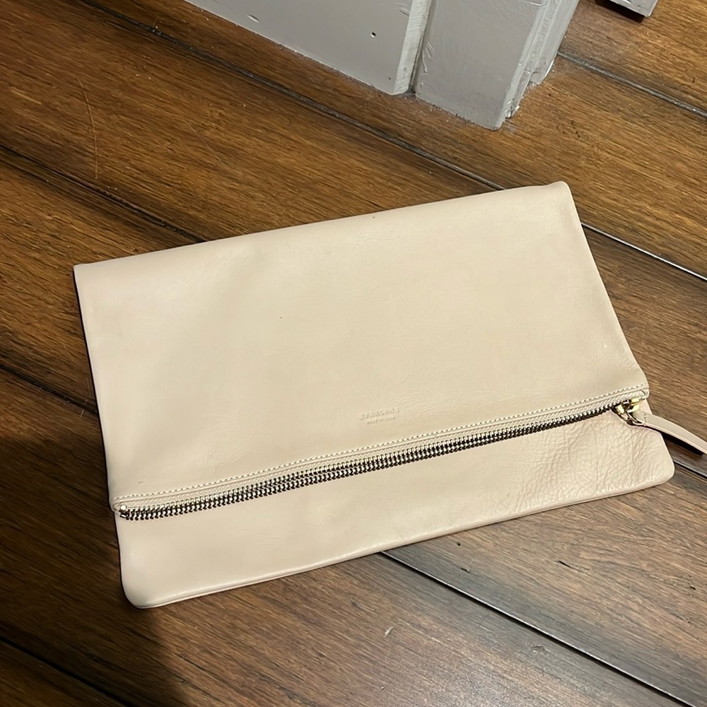 Pinky cream beige leather foldover pouch clutch from Everlane